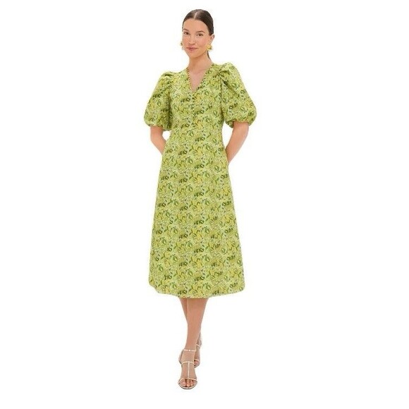 NEW Tuckernuck Hyacinth House Womens Medium Chartreuse Floral Marcy Midi Dress